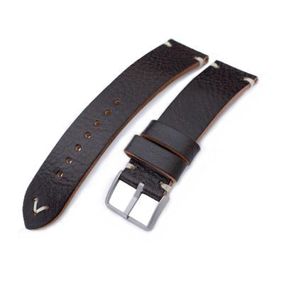 20mm, 21mm, 22mm MiLTAT Dark Brown Genuine Calf Leather Watch Strap, Beige Stitching, Sandblasted Buckle