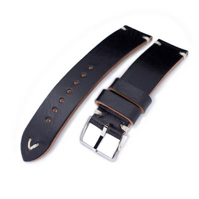 20mm, 21mm, 22mm MiLTAT Black Genuine Calf Leather Watch Strap, Beige Stitching, Polished Buckle