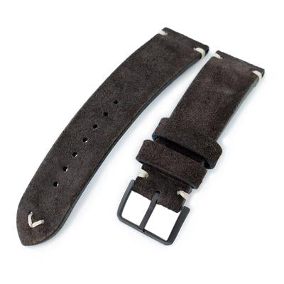 20mm, 21mm, 22mm MiLTAT Dark Brown Genuine Nubuck Leather Watch Strap, Beige Stitching, PVD Buckle