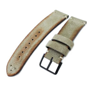 20mm, 21mm, 22mm MiLTAT Grey Green Genuine Nubuck Leather Watch Strap, Beige Stitching, PVD Buckle