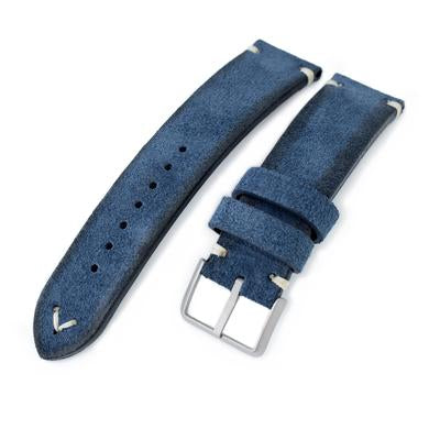 20mm, 21mm, 22mm MiLTAT Navy Blue Genuine Nubuck Leather Watch Strap, Beige Stitching, Sandblasted Buckle