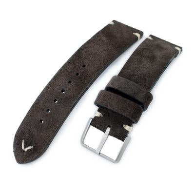 20mm, 21mm, 22mm MiLTAT Dark Brown Genuine Nubuck Leather Watch Strap, Beige Stitching, Sandblasted Buckle