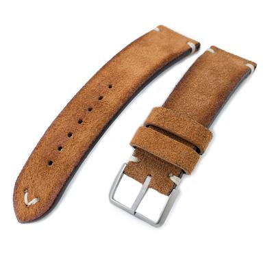 20mm, 21mm, 22mm MiLTAT Saddle Brown Genuine Nubuck Leather Watch Strap, Beige Stitching, Sandblasted Buckle