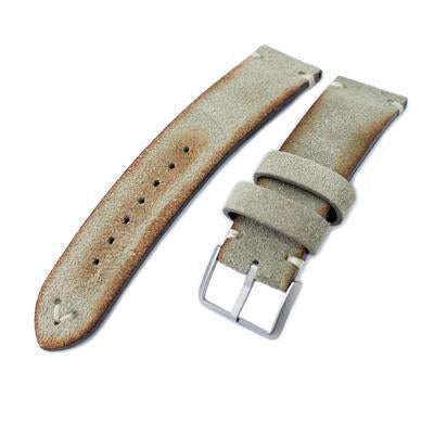 20mm, 21mm, 22mm MiLTAT Grey Green Genuine Nubuck Leather Watch Strap, Beige Stitching, Sandblasted Buckle