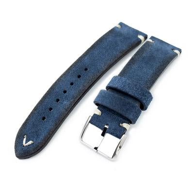 20mm, 21mm, 22mm MiLTAT Navy Blue Genuine Nubuck Leather Watch Strap, Beige Stitching, Polished Buckle