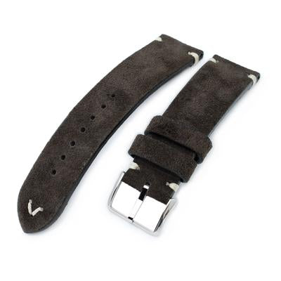 20mm, 21mm, 22mm MiLTAT Dark Brown Genuine Nubuck Leather Watch Strap, Beige Stitching, Polished Buckle