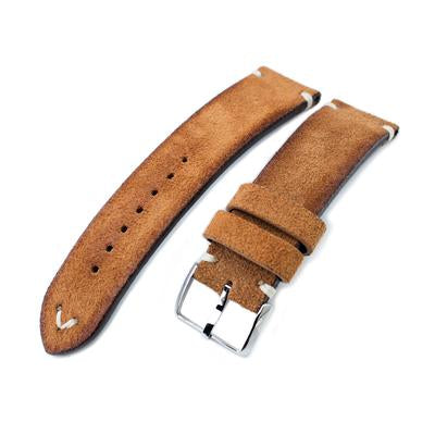 20mm, 21mm, 22mm MiLTAT Saddle Brown Genuine Nubuck Leather Watch Strap, Beige Stitching, Polished Buckle