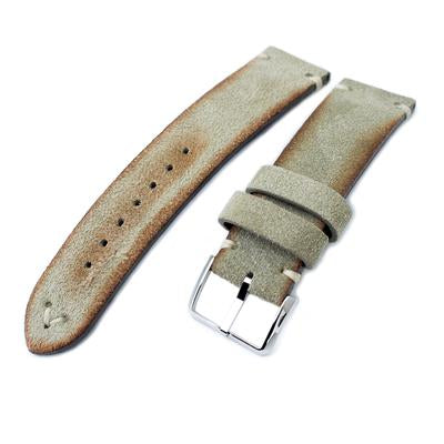 20mm, 21mm, 22mm MiLTAT Grey Green Genuine Nubuck Leather Watch Strap, Beige Stitching, Polished Buckle