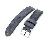 20mm, 21mm, 22mm MiLTAT Dark Grey Genuine Nubuck Leather Watch Strap, Beige Stitching, Polished Buckle