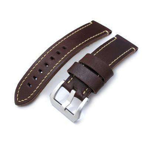 24mm MiLTAT Cashmere Calf Dark Brown Watch Strap, Beige Hand Stitching