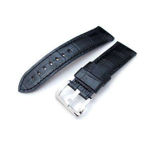 24mm CrocoCalf (Croco Grain) Matte Black Watch Strap with Black Stitches, Polished Screw-in Buckle