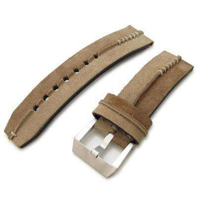 24mm MiLTAT Sand + L Brown Ridge Design Suede watch strap, Beige Hand Stitch