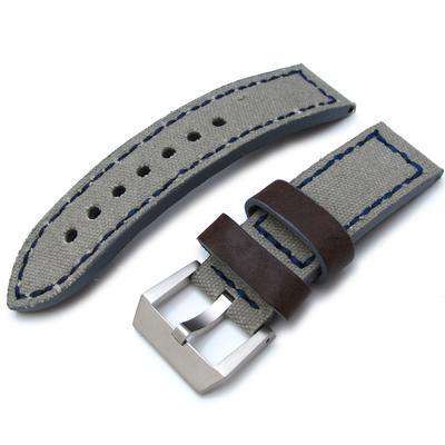 24mm MiLTAT Military Grey Leather Washed Canvas Ammo Watch Strap in Blue Stitches