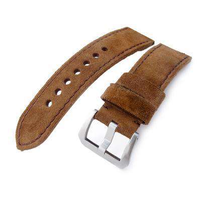 24mm MiLTAT Dark Brown Nubuck Leather Watch Band, Brown Stitching