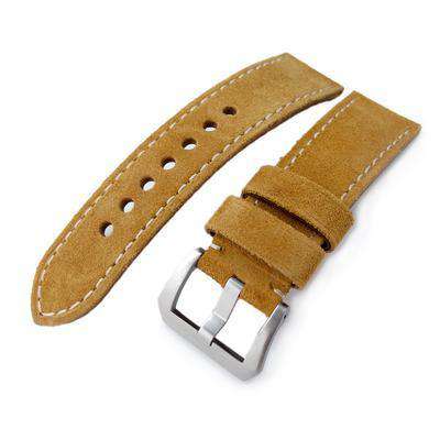 24mm MiLTAT Camel Brown Nubuck Leather Watch Band, Beige Stitching