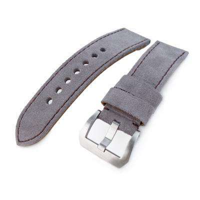 24mm MiLTAT Light Grey Nubuck Leather Watch Band, Brown Stitching