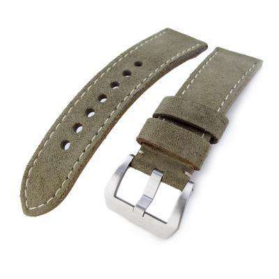 24mm MiLTAT Military Green Nubuck Leather Watch Band, Beige Stitching