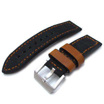 24mm MiLTAT Black Leather Washed Canvas Ammo Watch Strap in Golden Brown Stitches