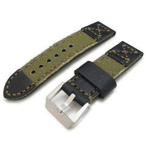 24mm MiLTAT Black Calf + Green Canvas watch strap, Hand Stitch Watch Strap