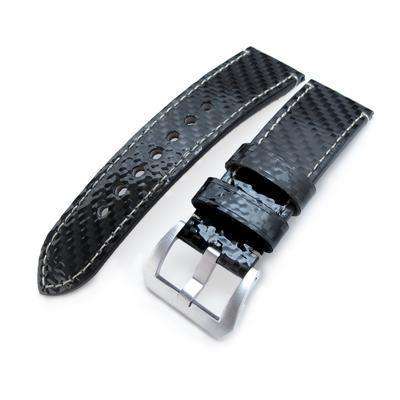 Strapcode Carbon Fibre Watch Strap 24mm MiLTAT Glossy Genuine Carbon Fiber Watch Band, Beige Stitching, XL