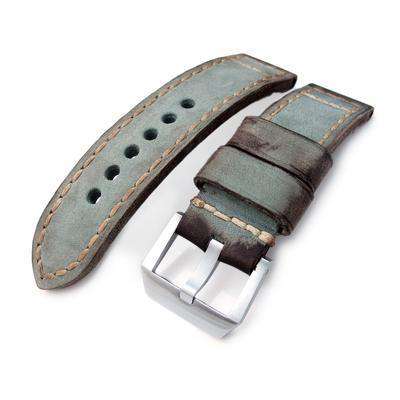 Strapcode Leather Watch Strap 24mm MiLTAT Handmade Vintage Green Calf Leather Watch Band, Hand Painted, Hand Stitches