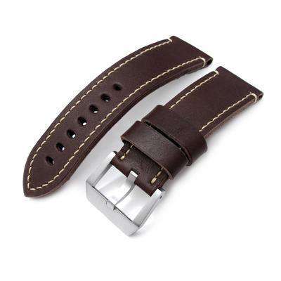 26mm MiLTAT Cashmere Calf Dark Brown Watch Strap, Beige Hand Stitching