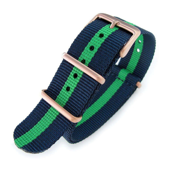 Strapcode N.A.T.O Watch Strap 20mm G10 Military Watch Band Nylon Strap, Blue/Green/Blue, IP Champagne, 260mm