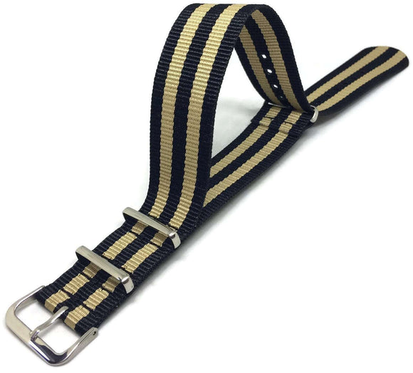 NATO Zulu G10 Style Watch Strap Nylon 2 Stripe Black and Beige Size 18mm to 22mm Stainless Buckle