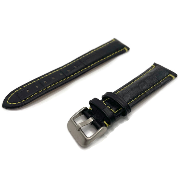 Premier Alligator Grain Watch Strap Black Calf Leather Padded with Yellow Stitching
