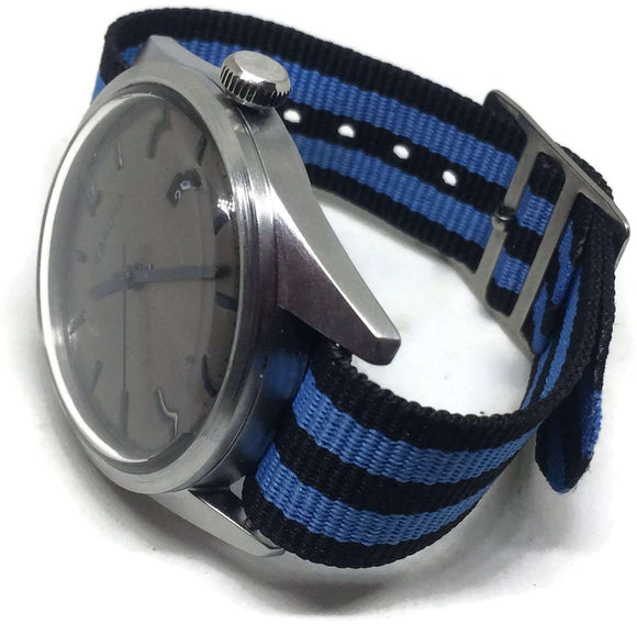 Nylon Watch Strap 2 Stripe Blue and Black 14mm to 20mm Stainless Steel Buckle