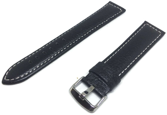 Calf Leather Watch Strap Extra Long  Black Padded and White Stitched Sizes 18mm to 24mm