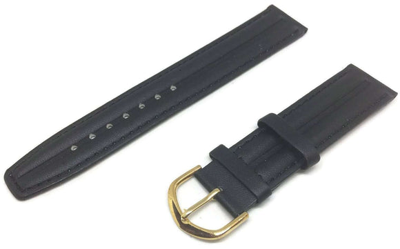 Synthetic Leather Watch Black Ribbed with Gold and Chrome Buckle Sizes 12mm to 22mm