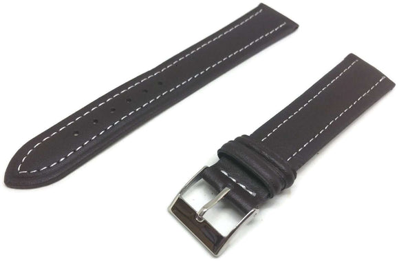 Calf Leather Watch Strap Extra Long Dark Brown Elegence Style White Stitched Sizes 12mm to 20mm