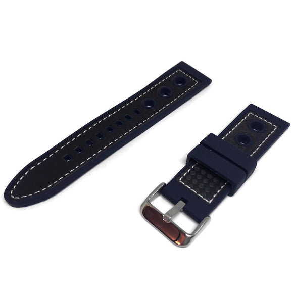 Rubber Watch Strap Navy Blue Rally Style Carbon Fibre Grain White Stitching