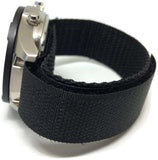 VELCRO WATCH STRAP BLACK NYLON WITH FABRIC SPORTS BADGE 14MM AND 20MM
