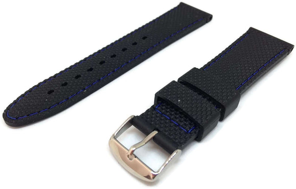 Black Rubber Watch Strap Textured with Blue Stitching Size 16mm to 22mm