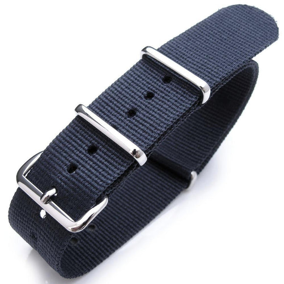 Nato 20mm, 21mm or 22mm Heat Sealed Heavy Nylon Polished Buckle - Navy Blue