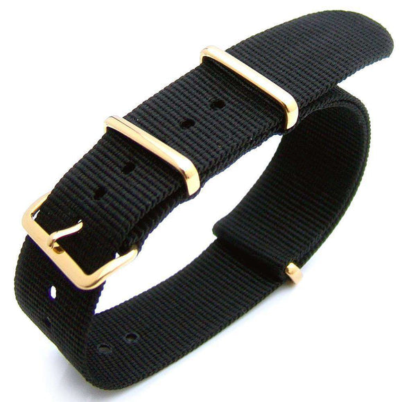 Strapcode N.A.T.O Watch Strap 20mm Heat Sealed Heavy Nylon armband 316L IP Gold buckle - Black