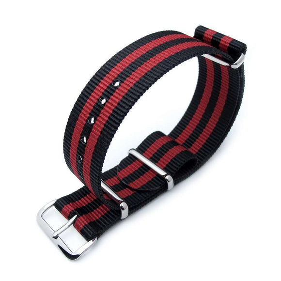 18mm or 22mm G10 Nato James Bond Heavy Nylon Strap Polished Buckle - J03 Double Black & Red