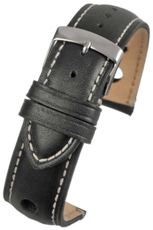 Black Rally Style Watch Strap with White Stitching and Stainless Steel Buckle