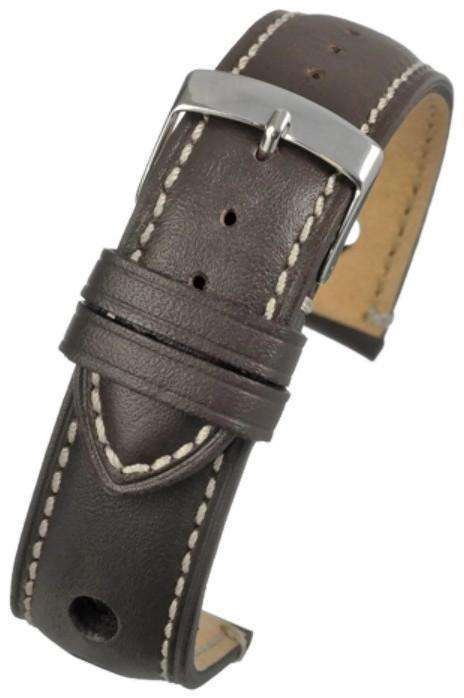 Brown Rally Style Watch Strap with White Stitching and Stainless Steel Buckle