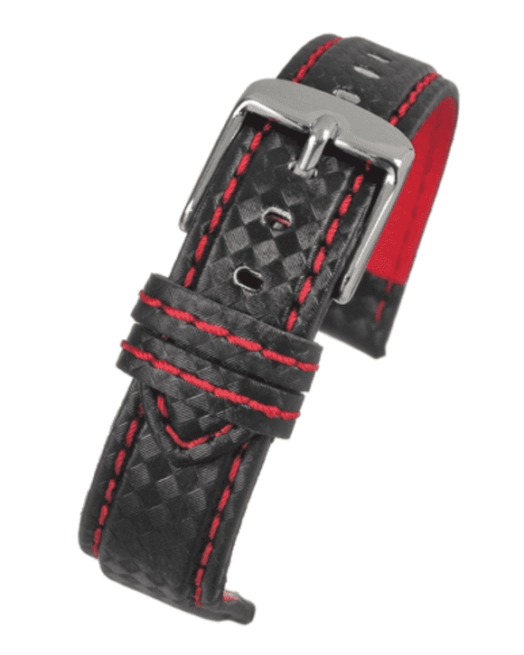 Carbon Fibre Watch Strap with Red Stitching Size 18mm to 24mm