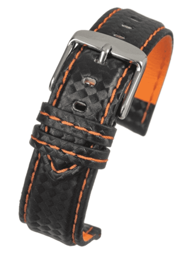 Carbon Fibre Watch Strap with Orange Stitching Size 18mm to 24mm