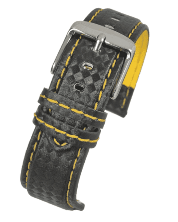 Carbon Fibre Watch Strap with Yellow Stitching Size 18mm to 24mm