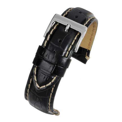 Crocodile Grain Calf Leather Watch Strap Black Padded and Stitched Chrome Buckle Sizes 18mm to 26mm