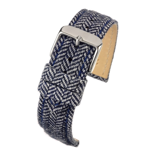 Fabric Watch Strap Blue Tweed Stainless Steel Buckle Size 18mm to 22mm