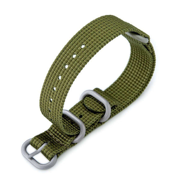 Strapcode N.A.T.O Watch Strap MiLTAT 18mm 3 Rings Zulu military watch strap 3D woven nylon armband - Olive Green, Brushed Hardware