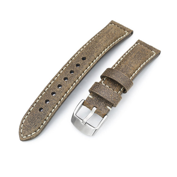 Strapcode Calf Leather Watch Strap MiLTAT 20mm Genuine Olive Brown Distressed Leather Watch Strap Extra Soft, Beige Stitching