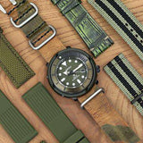 Strapcode N.A.T.O Watch Strap Zulu G10 20mm, 22mm MiLTAT Grezzo SQ Watch Strap Woodland Camouflage Geniune Calf, Sandblasted