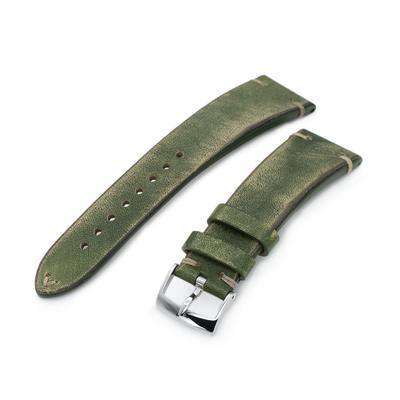 22mm MiLTAT Italian Handmade Brushed Green Watch Strap, Khaki Stitching